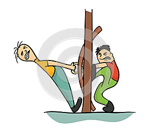 Two cartoon character trying to open the door, vector illustration