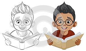 Two cartoon children reading colorful and outline