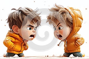 Two Cartoon Cute Boys Fighting extreme closeup. Generative AI