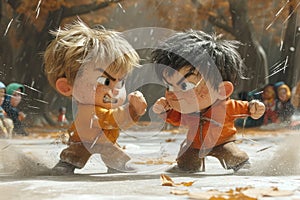 Two Cartoon Cute Boys Fighting extreme closeup. Generative AI