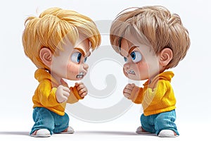 Two Cartoon Cute Boys Fighting extreme closeup. Generative AI