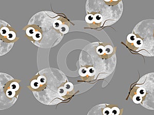 Two cartoon cute owls with full moon in repeating pattern on gray background