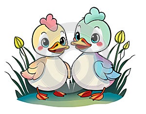 Two cartoon ducklings illustration isolated on white background