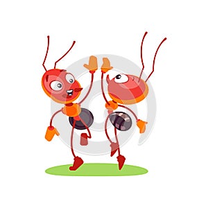 Two cartoon funny ants in a team greet each other. The concept of cooperation. The orange fire insect builds a nest and