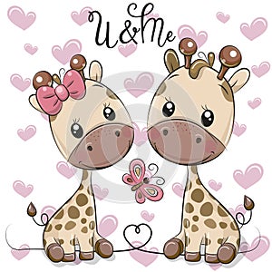 Two Cartoon Giraffes on a hearts background