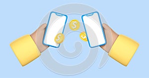Two cartoon hands holding mobile phones making a money transfer. Money transfer on smartphones. Online payment concept. Mobile