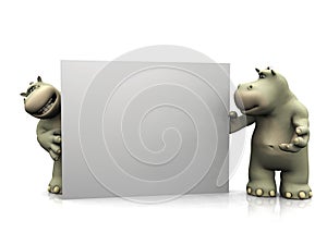 Two cartoon hippos with big blank sign.