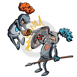 Two cartoon knights fighting