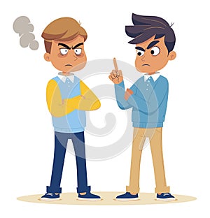 Two cartoon men arguing, one pointing finger, both showing anger and frustration. Disagreement and conflict resolution