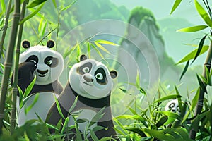 Two cartoon panda, iconic black and white bears, stand in mountain lush green grass field