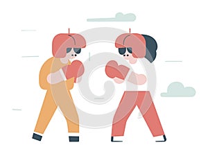 Two cartoon people in boxing gear sparring outdoors. Stylized male and female boxers training, showing focus and