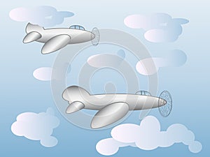 Two cartoon planes fly in the sky among the light clouds