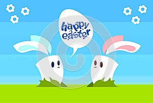 Two Cartoon Rabbit Bunny Communication Chat Bubble Egg Happy Easter Natural Background Holiday Greeting Card
