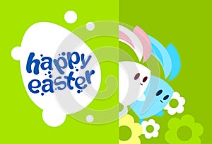 Two Cartoon Rabbit Bunny Look From Side Egg Happy Easter Holiday Greeting Card