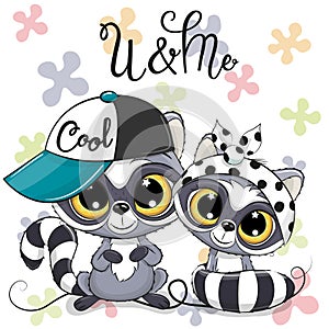 Two Cartoon Raccoons boy and girl with cap and bow