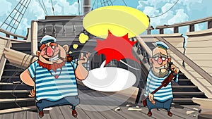 Two cartoon sailors stand on the deck of a dilapidated wooden ship and talk