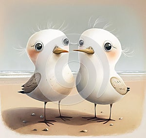 Two cartoon seagull chicks standing on the sand, isolated on white background. Watercolor illustration. Generative AI