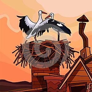 Two cartoon storks in the nest on the roof of the house