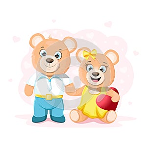 Two cartoon teddy bears in love. Teddy bear boy holds by the paw a bear girl. Teddy bear girl holding a heart