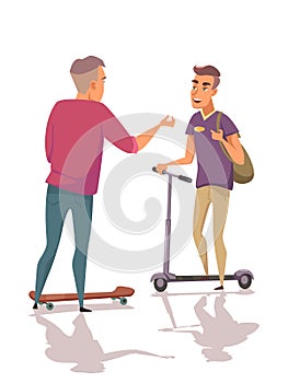 Two cartoon young man talking during scooting