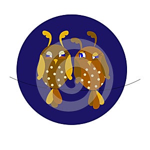 Two cartoons funny cute owls sleep circle sticker vector illustration