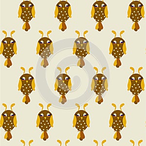 Two cartoons funny cute owls sleep seamless pattern on baige stoock vector illustration