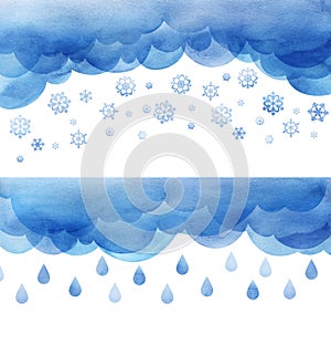 Two cartoony illustrations of sky with rainfall. Blue puffed cumulus clouds snows and rains. Large drops of water, beautiful