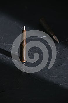 Two cartridges on a dark background, copy space, vertical format. Concept of geopolitics and war in