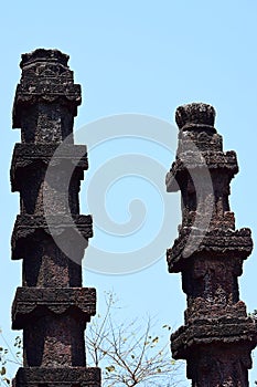 Two Carved Stone Pillars in an Ancient Hindu Temple