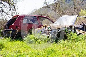 Two carwrecks on green grass