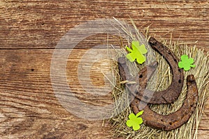 Two cast iron metal horse horseshoes with felt clove leaves on hay. Good luck symbol, St.Patrick`s Day concept