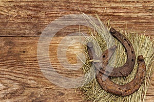 Two cast iron metal horse horseshoes on hay. Good luck symbol, St.Patrick`s Day concept