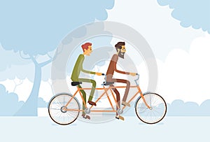 Two Casual Man Riding Tandem Bicycle