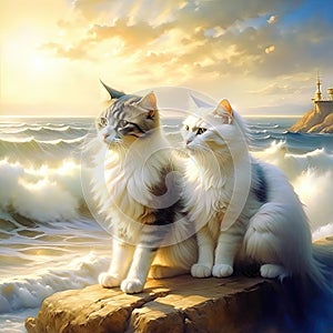 Two cat buddies are sitting against the backdrop of a seascape