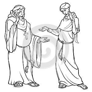 Two Catholic monks fat and skinny gesturing BW