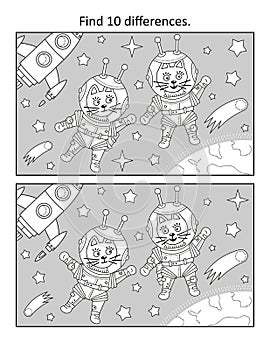 Two cats the astronauts in outer space. Find 10 differences picture puzzle and coloring page. Black and white.