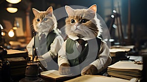 Two Cats in Business Attire Amidst Administrative Work in a Printing Office AI Generated