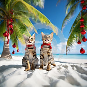 Two cats celebraiting on the tropical palm beach with Christmas decoration. Christmas card concept