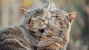 Two cats are cuddling together with their heads touching, AI