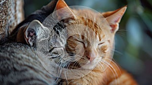 Two cats are cuddling together on a tree branch, AI