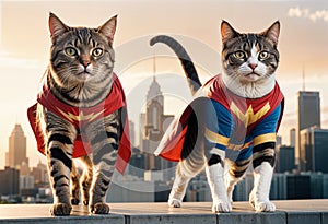 two cats dressed as super heroes stand on a ledge