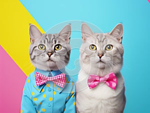 Two cats dressed in colorful clothes and bowties. Concept showcases playful pet fashion.