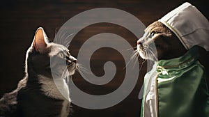 Two cats dressed in costumes looking at each other, AI