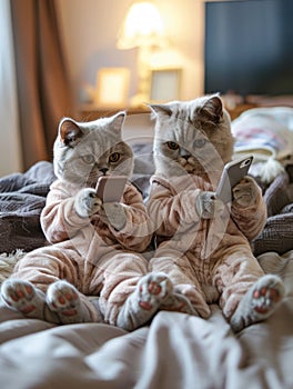 Two cats dressed in pink onesies looking at their cell phones