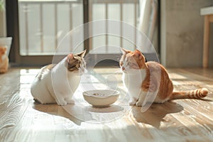 Two cats eyeing food bowl indoors.