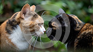 Two cats face to face in a forest setting, AI