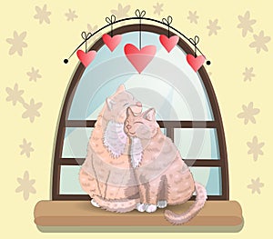 Two cats with heart shaped tails sitting on a windowsill in a room