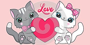 Two cats are holding a heart. Text Love. Vector
