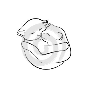 Two cats hugging. Kittens. Line drawing