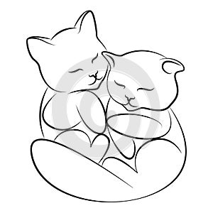 Two cats hugging. Kittens. Line drawing